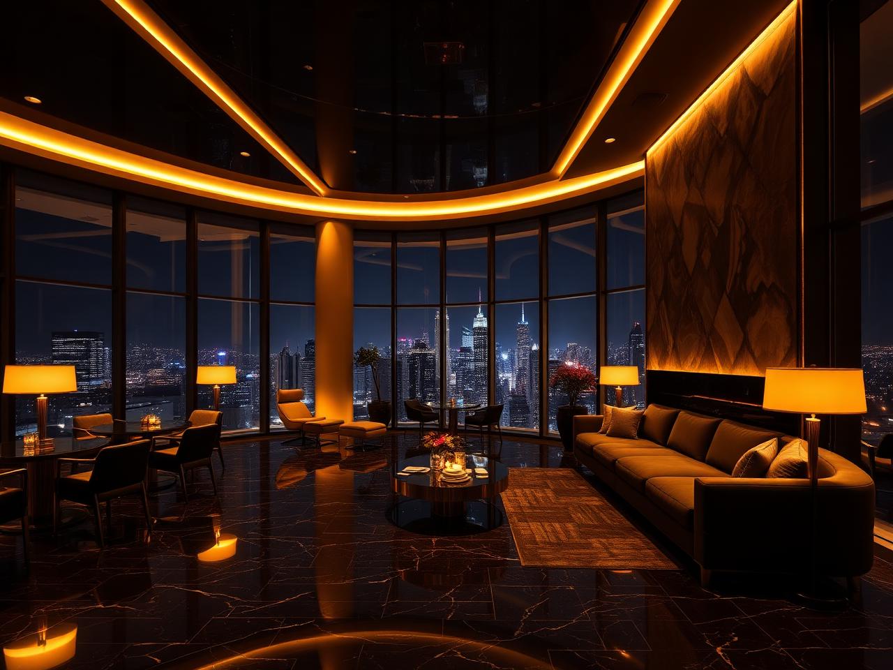 Luxury consultation lounge with city skyline
